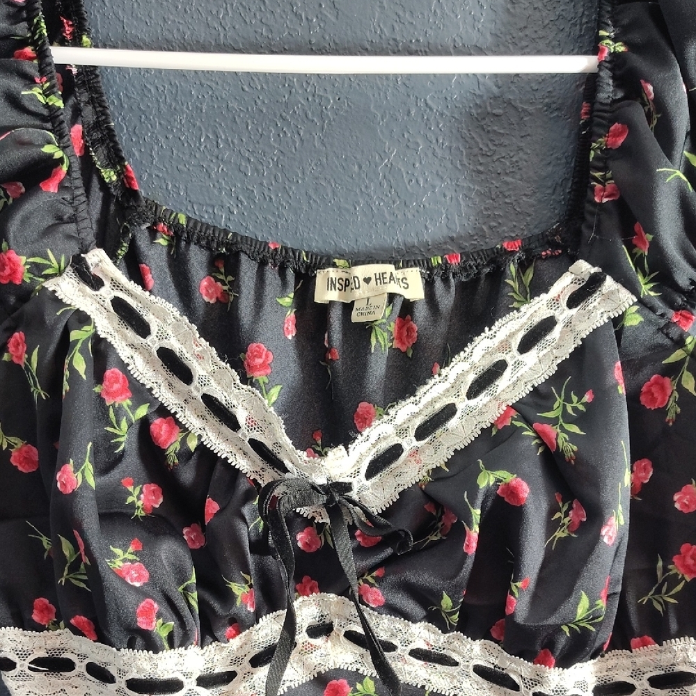 Inspired Hearts Black Slip Dress with Pink Floral Print - Picture 2 of 10